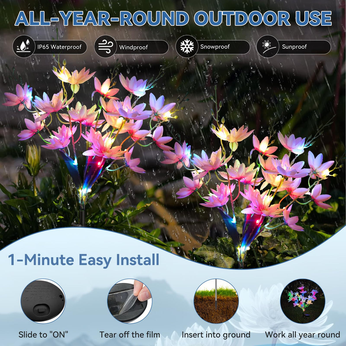 Solar Flowers Outdoor Waterproof IP65 (Pink / 2 Packs)