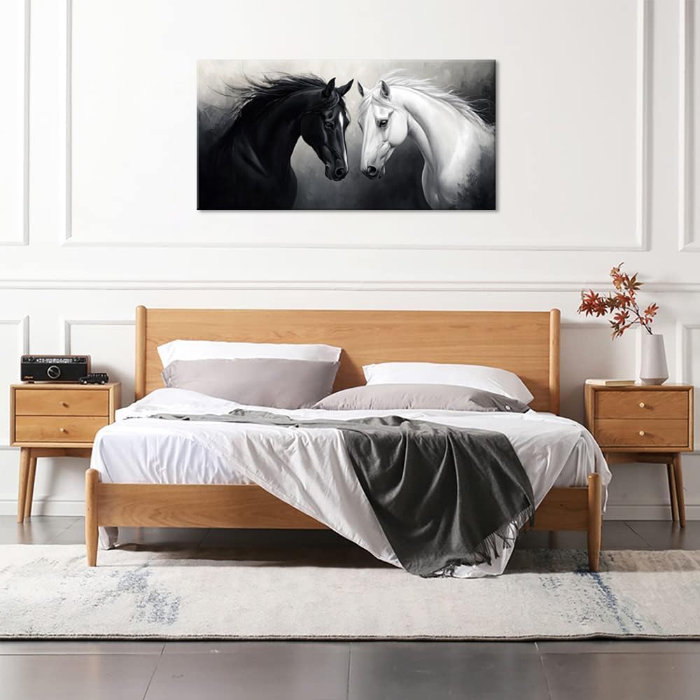 Multicolor Oil Painting Two Horses Wall Art for Living Room Office Classical Art Equine Portrait Painting Prints Vintage Canvas Artwork Dining Bedroom Decor Large (Abstract / Black White Two Horses Wall Art / 46"L x 23"W)