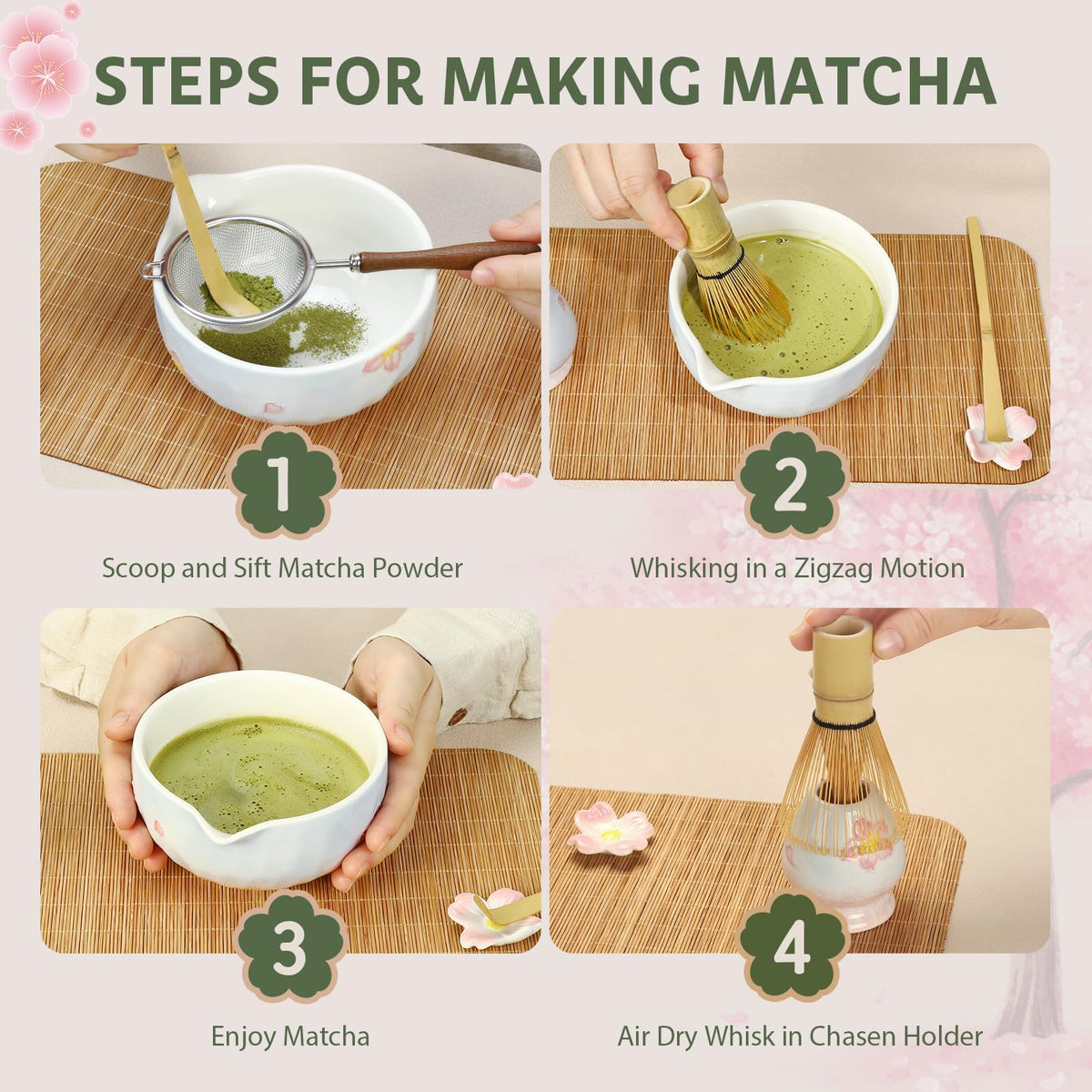 8 Piece Sakura Matcha Set with Pink & Blue Ceramic Bowl and Bamboo Whisk (blue & Pink)