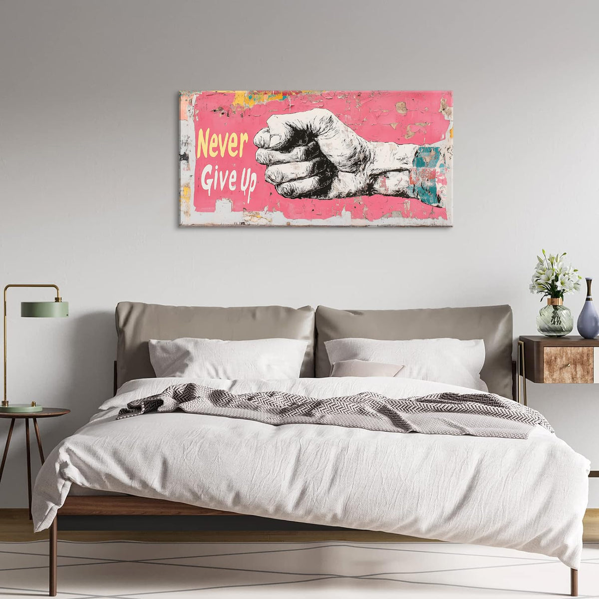 Pink Street Art Never Give Up Wall Art for Living Room Office Urban Motivation Graffiti Mural Painting Prints Inspirational Canvas Artwork Dining Bedroom Decor (Abstract / Pink White Never Give Up Wall Art / 40"L x 20"W)