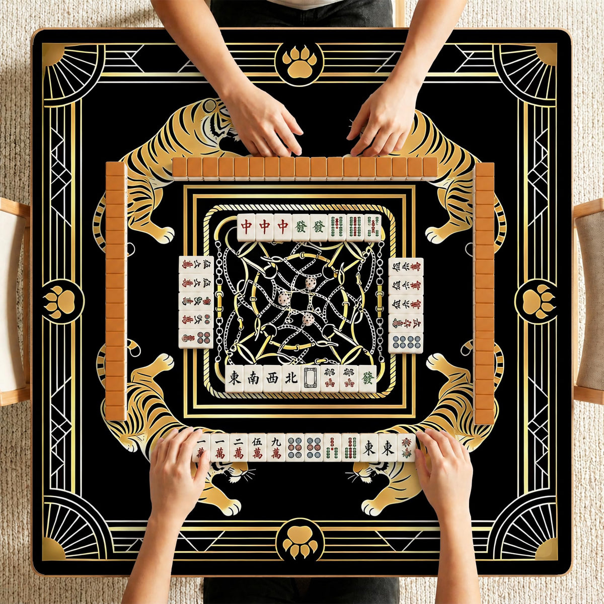 Black Gold Tiger Mahjong Mat for Table (Gold Tiger)
