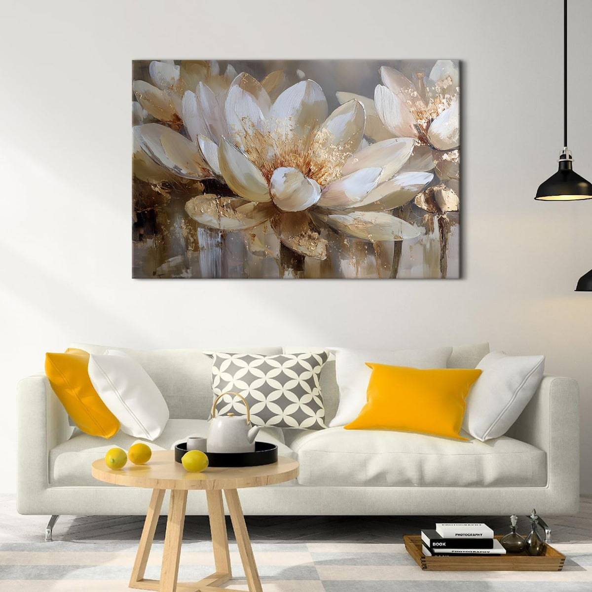 Zen Wall Art Abstract Lotus Wall Decor for Bedroom Spiritual Meditation Paintings Picture White and Gold Flowers Canvas Prints Minimalist Floral Artwork for Living Room Office Decorations 32x48" (48"L x 32"W / Lotus)