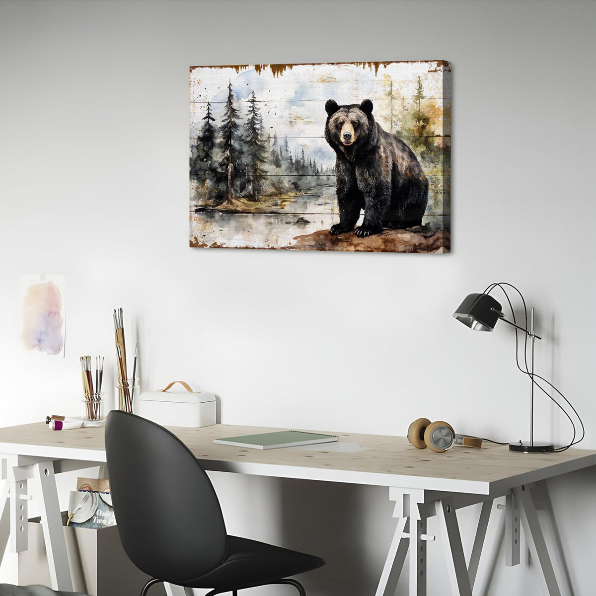 Rustic Bear Canvas Wall Art Wildlife Animal Theme Wall Decor Abstract Woodland Forest Canvas Prints Picture for Kitchen Living Room Farmhouse Rustic Decor Pine Trees Poster Painting Artwork 20x30” (30"L x 20"W / Bear Forest)