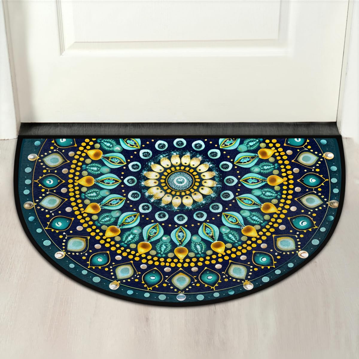 Half Round Doormat Teal Mandala Boho Floral Washable Semi Circle Area Rug Non Slip Absorbent Half Moon Rug for Indoor Outdoor Bathroom Kitchen Patio Front Welcome Fireplace Hearth Floor Mat (B08:boho 05)