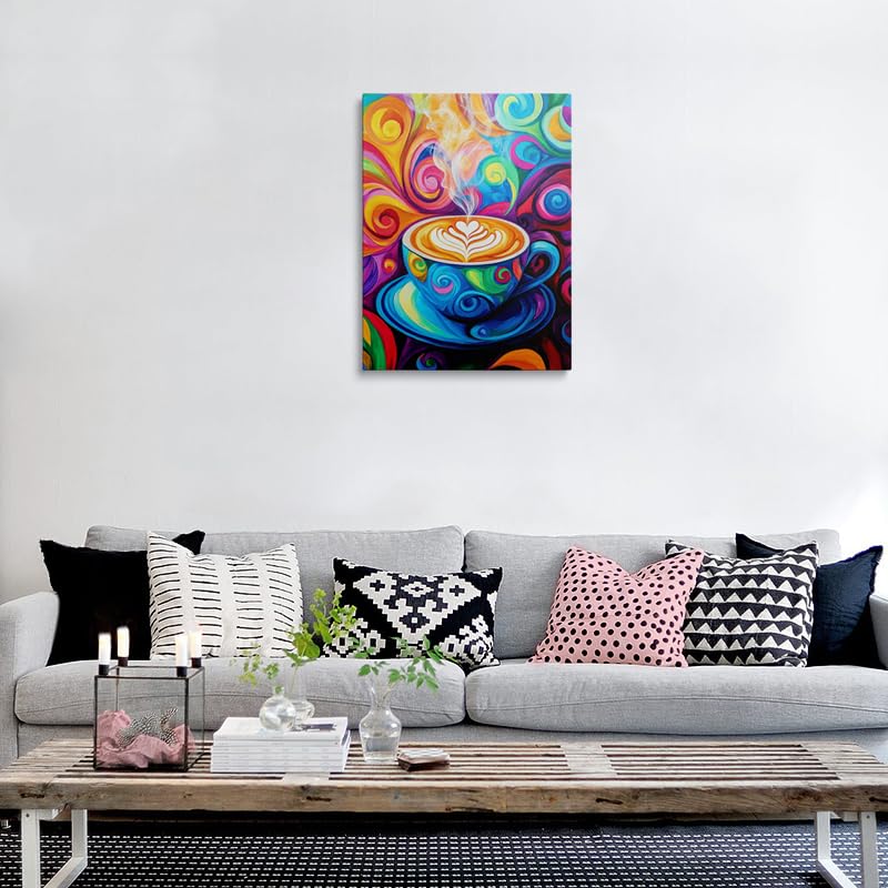 Abstract Coffee Cup Canvas Wall Art Framed Print Painting Colorful Swirling Heart Vibrant Modern Whimsical Cafe Pop Art Wall Decor Artwork Poster for Kitchen Coffee Bar Dining Room 12x16 Inches (coffee / 16"L x 12"W)