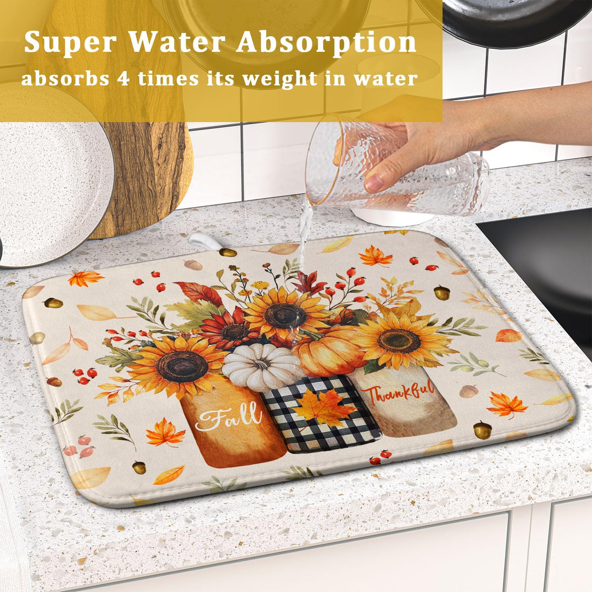 Autumn Sunflowers Vase Dish Drying Mat for Kitchen Counter (Autumn Sunflowers Vase / 16" x 18")