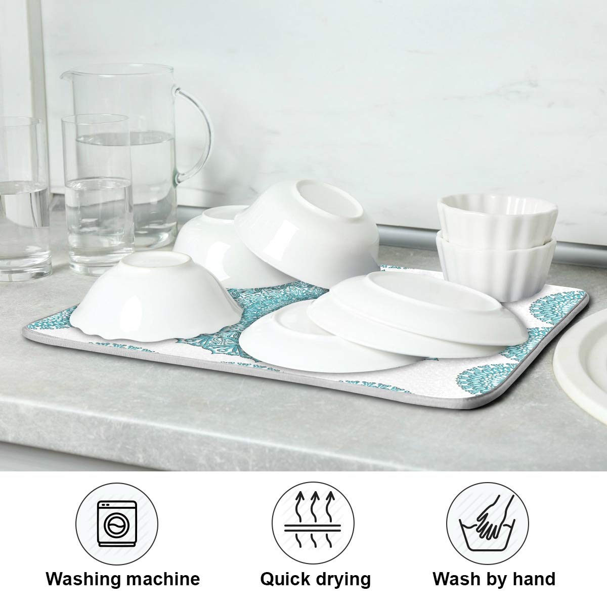 Super Absorbent Dish Drying Mat (Turquoise Mandala / 18" x 24")
