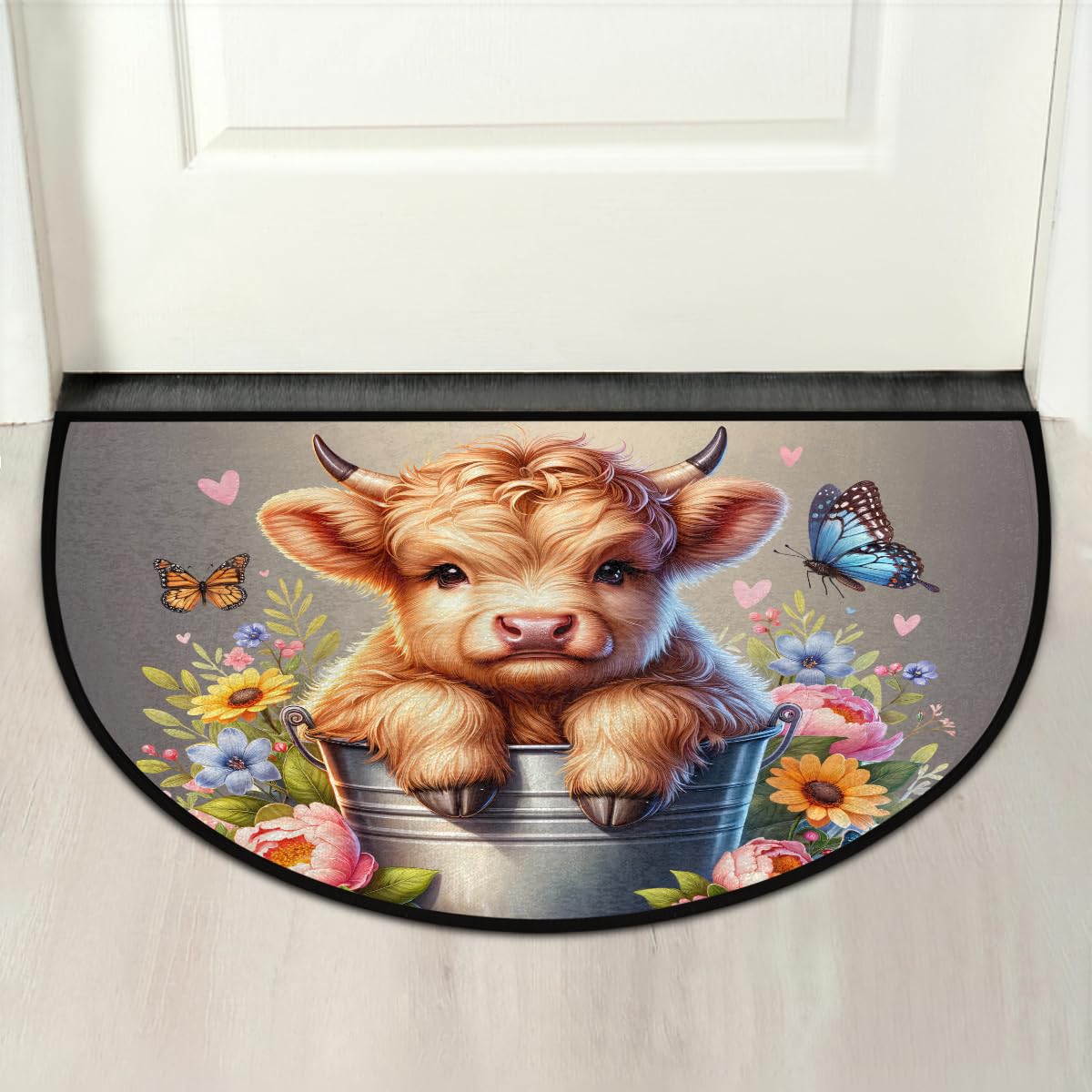 Highland Cow Half Round Door Rug Entrance Washable Half Circle Area Rugs (F Highland Cow Flower)