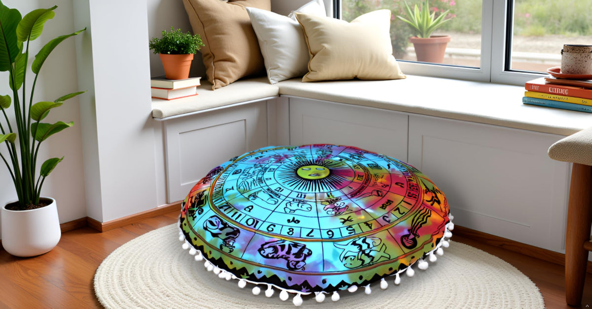 32" Large Round Bohemian Floor Pillow Cover Boho Pouf Cover Mandala Meditation Room Pillows Cover Adults Seating Poufs Cushion Cover for Kids Reading Playroom Multi Zodiac (Multi Zodiac)