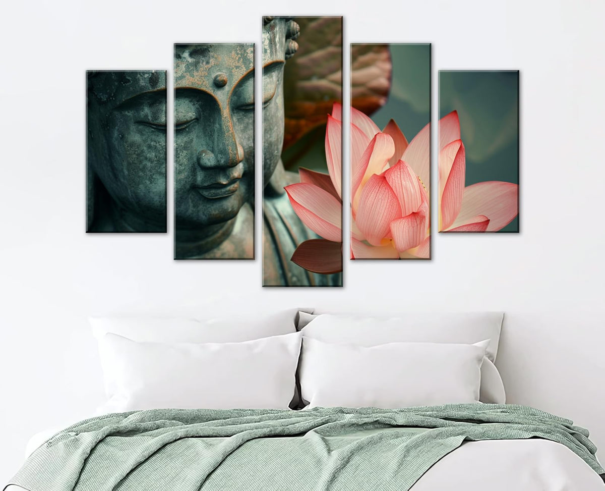 5Pcs Zen Buddha Lotus Flower Canvas Wall Art Spiritual Decor for Meditation Peaceful Home Decor Asian Cultural Symbolism Tranquil Art for Living Room Bedroom Office Ready to Hang (10"L x 16"W, 10"L x 24"W, 10"L x 32"W / 5PCS-Buddha)
