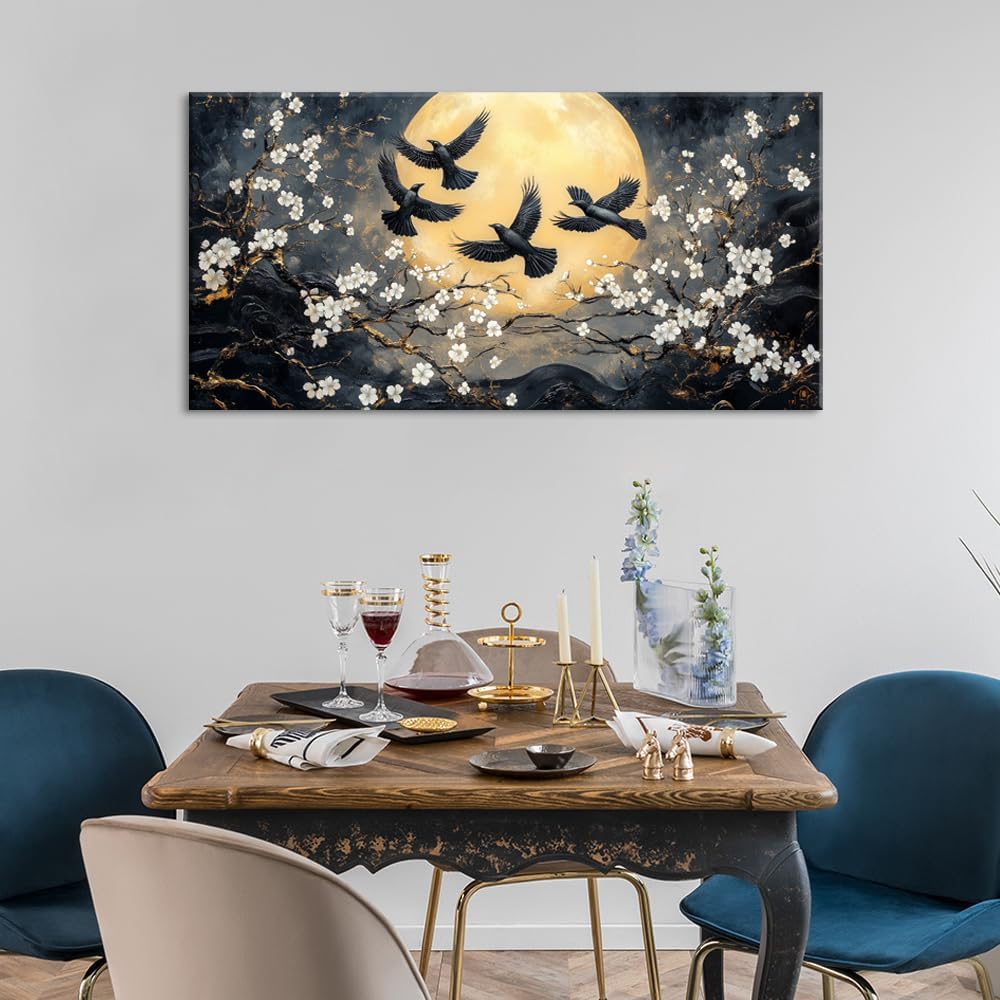 Black Art Crows and Cherry Blossoms Wall Art for Living Room Office Symbolism Traditional Ink Painting Prints Oriental Canvas Artwork Dining Bedroom Decor Large (Abstract / Black Gold Crows Cherry Blossoms Wall Art / 46"L x 23"W)