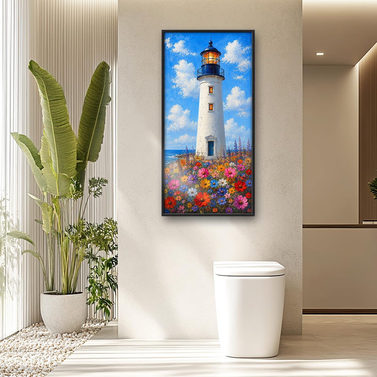 Lighthouse Large Vertical Wall Art Coastal Nautical Ocean Wall Decor Canvas Framed Pictures Painting Artwork For Living Room Bathroom Bedroom 30"X60" (Lighthouse Flower / 60"L x 30"W)