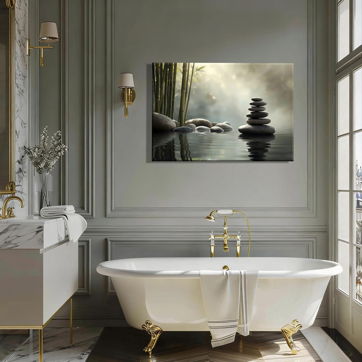 Framed Zen Stone Canvas Wall Art for Bathroom Decor (Pictures12 / 36"L x 24"W)