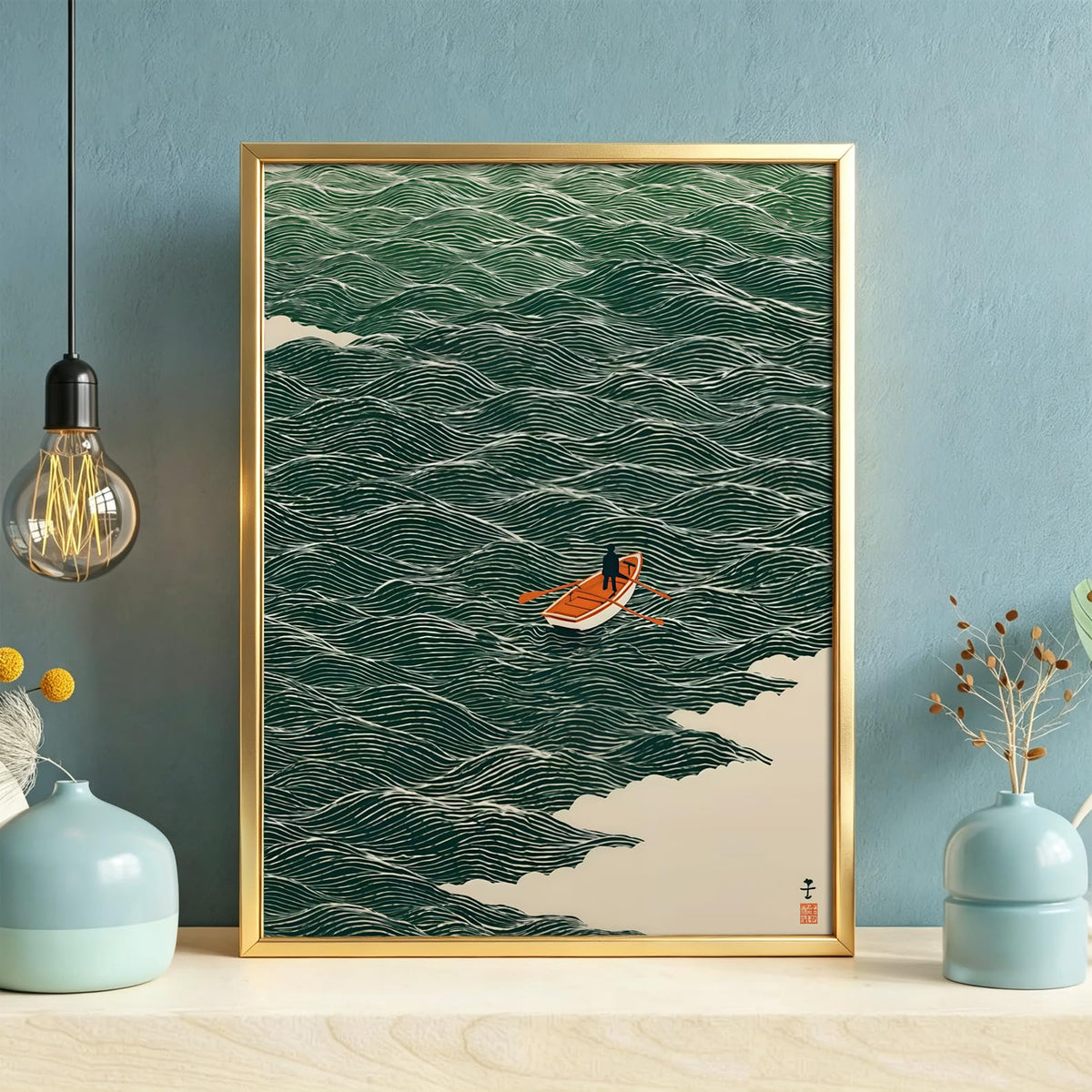 Gold Aluminum Alloy Framed Japanese Green Waves Canvas Wall Art 16X24in (Japanese Waves / 24"L x 16"W)
