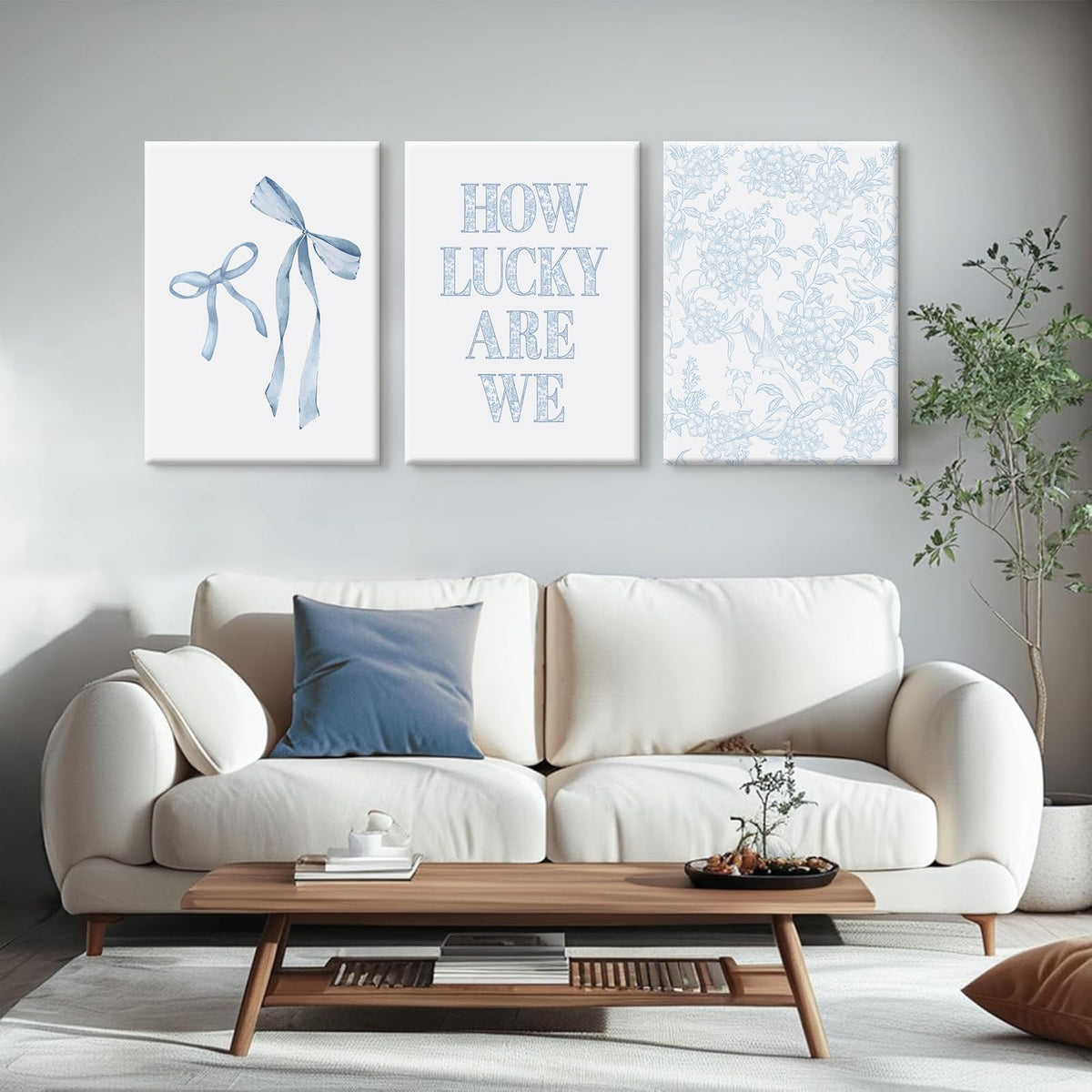 Light Blue Bow Floral Wall Art Preppy Coquette Canvas Wall Decor Aesthetic Trendy Poster Blue Bow Picture Chinoiserie Flower Painting How Lucky Are We Prints for Dorm 12x16 Inch Ready to Hang Set of 3 (Blue Bow Art / 12x16 Inch Wrapped Canvas)