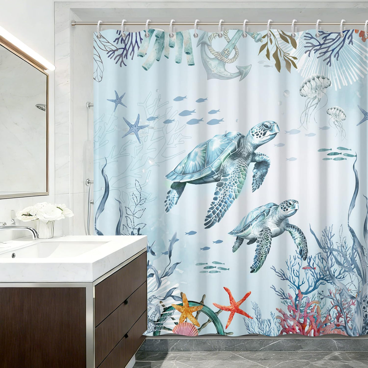 Ocean Themed Shower Curtain 71x74 Inch (Sea Turtle)