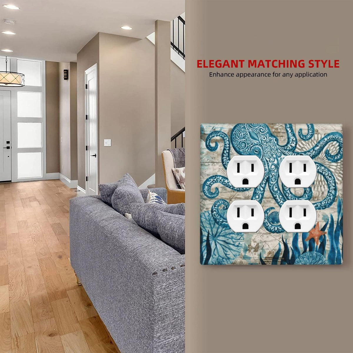 Nautical Ocean Starfish Octopus 2 Gang 2 Duplex Combination Light Switch Cover Decorative Combo Dual Device Receptacle Switch Face Wall Plate (Nautical Ocean Starfish Octopus / 2 Gang2 Duplex)