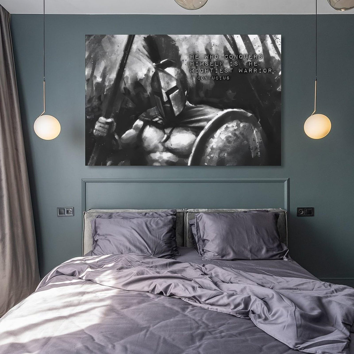 He Who Conquers Himself Confucius Quote Canvas Printing Wall Art Prints Wall Decor Posters Black White Spartan Warrior Motivational Decor for Living Room Bedroom Office Nordic 24x36inch (style / 24x36inch(60x90cm) Frame)