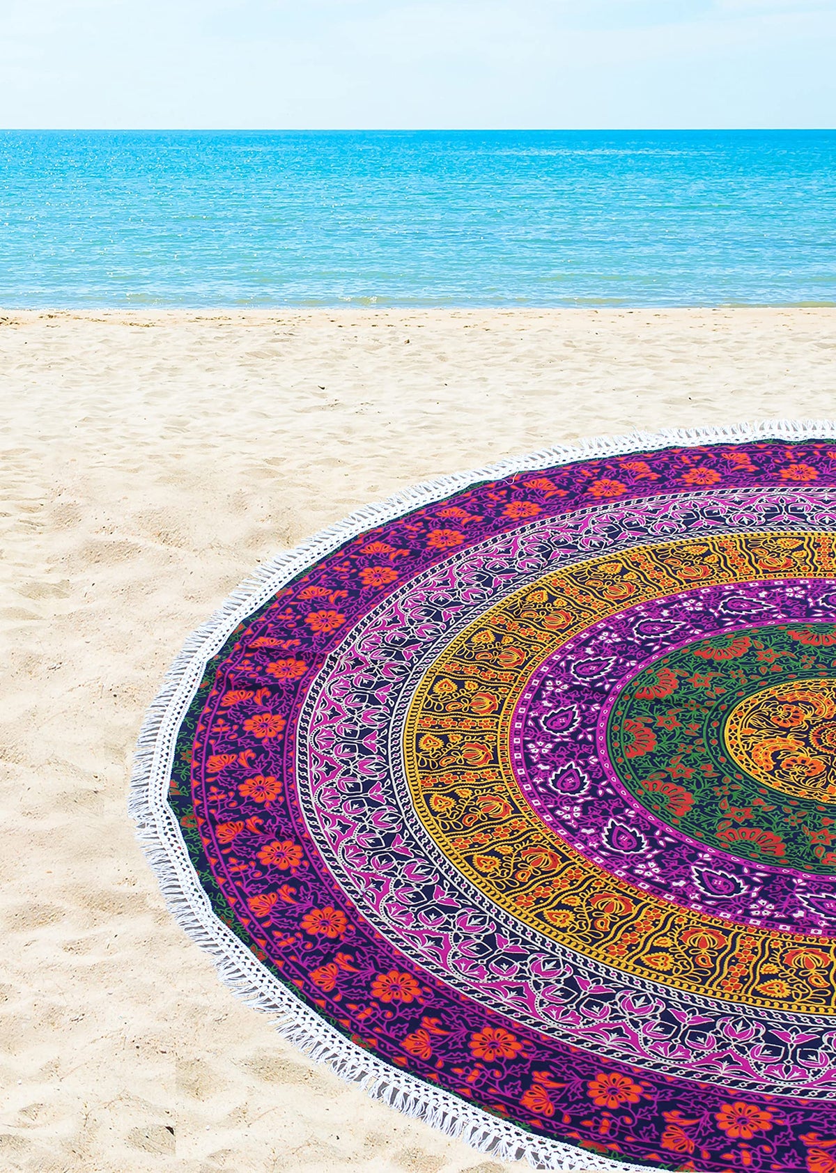 Round Beach Tapestry Turquoise Mandala Throw (5'10" (Round) / 6 Color)