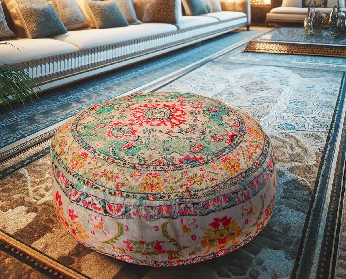 Large Floor Pillow Cover Yellow Round Pouf Ottoman Indian Floor Cushion Boho Chic Perfect Vintage Cushion for Living Room (24x8 Cover Only / Yellow)