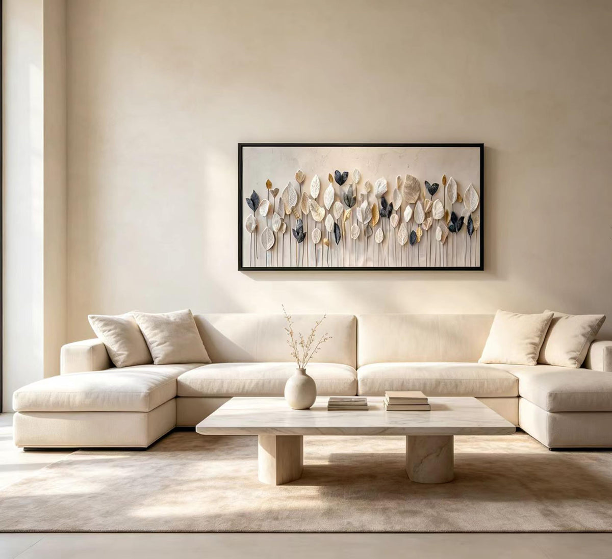 Large Framed Modern Boho Wall Art Textured Neutral Leaf Canvas Wall Decor Abstract Botanical Canvas Print (Boho Leaves / 32"L x 16"W)