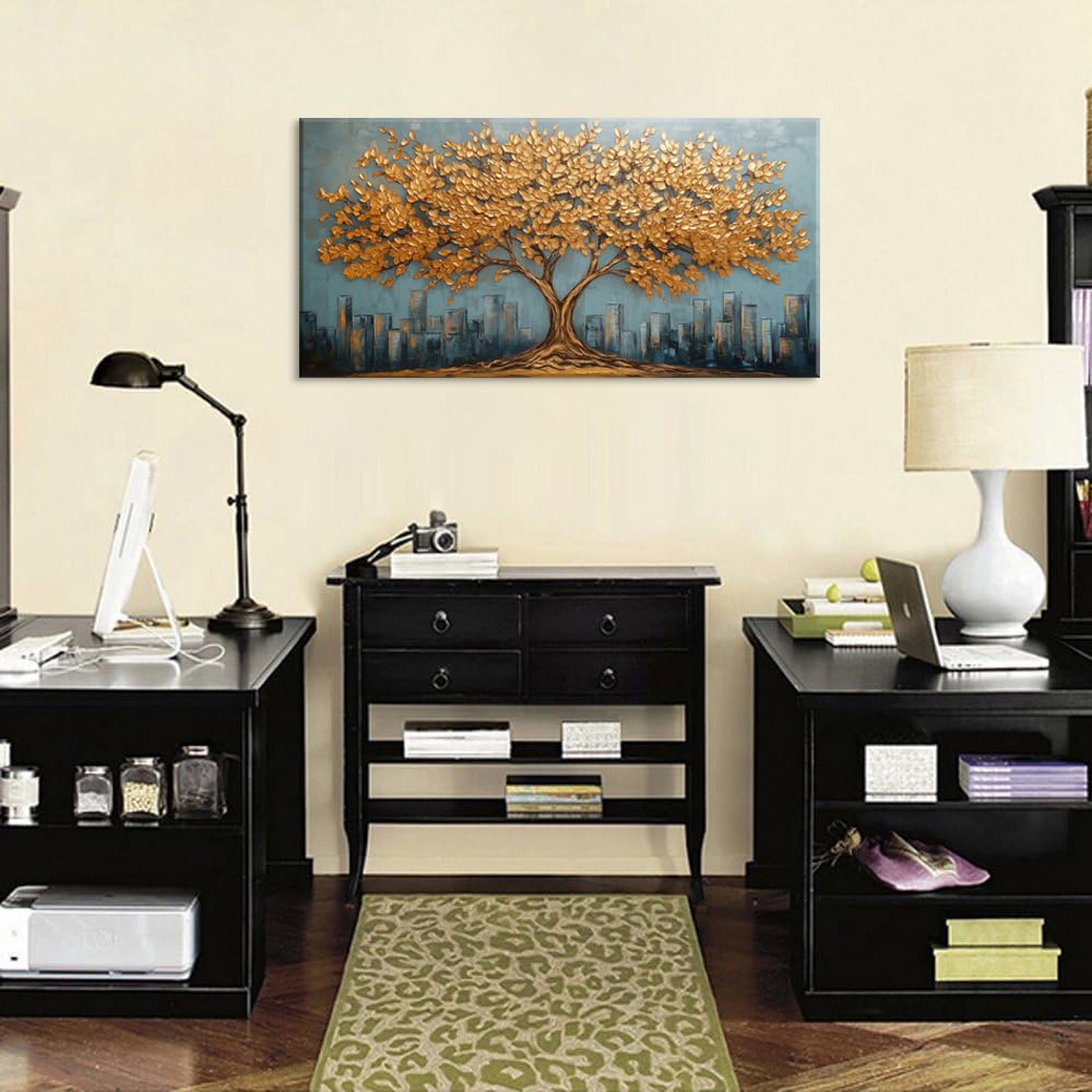 Gold Tree Wall Art for Living Room Office Modern Abstract Golden Urban Nature Minimalist Tree of Life Painting Prints Contemporary Canvas Artwork Dining Bedroom Decor Large (Modern / Modern Golden Tree of Life Wall Art / 46"L x 23"W)