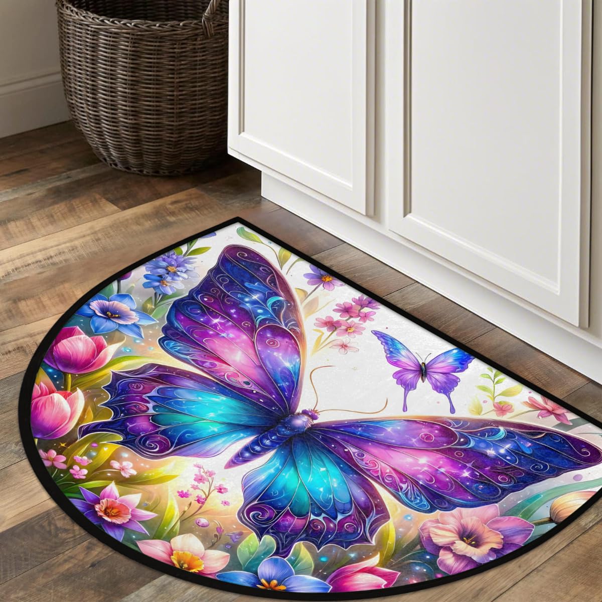 Half Round Doormat Butterfly Flower Spring Semi Circle Rug Non Slip Indoor Outdoor Entrance Half Moon Rug Washable Front Floor Mat for Kitchen Bathroom Patio Fireplace Holiday Decor (Z:butterfly 04)