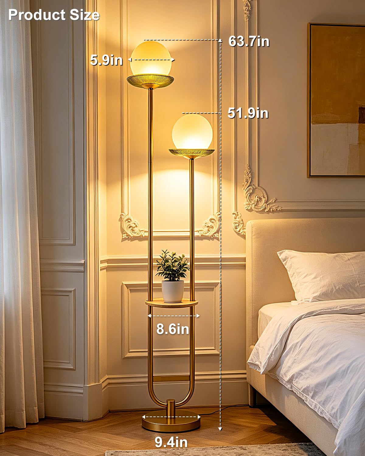 2 Globe Floor Lamp Dimmable with Green Glass Tray Gold Floor Lamp (Green-2U)