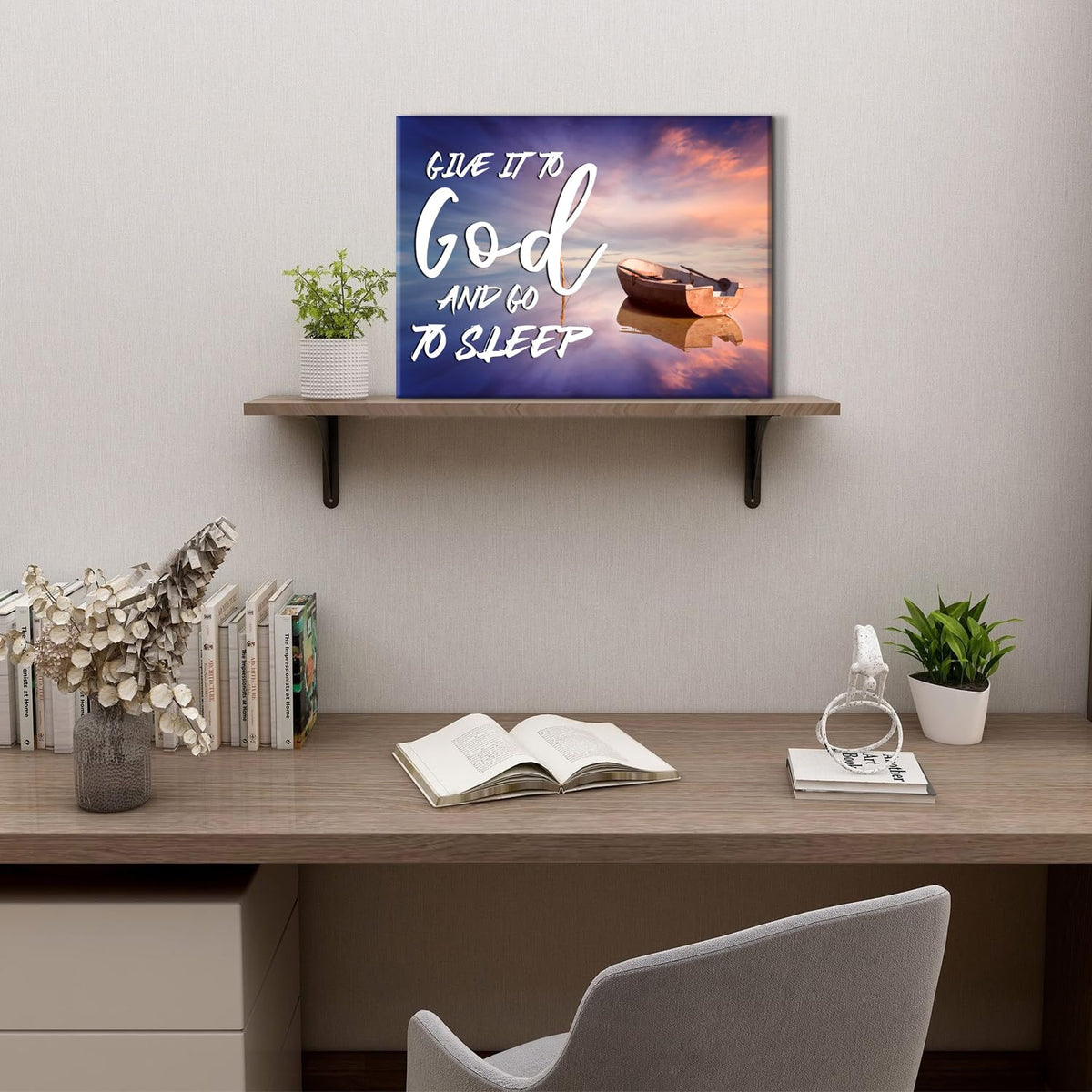 Beach Christian Wall Art Canvas Give It to God and Go to Sleep Religious Sign Poster Bedroom Wall Decor Bible Verse Scripture Artwork Sunset Boat Picture Living Room Above Bed Home Decorations 12x16'' (16"L x 12"W / God)