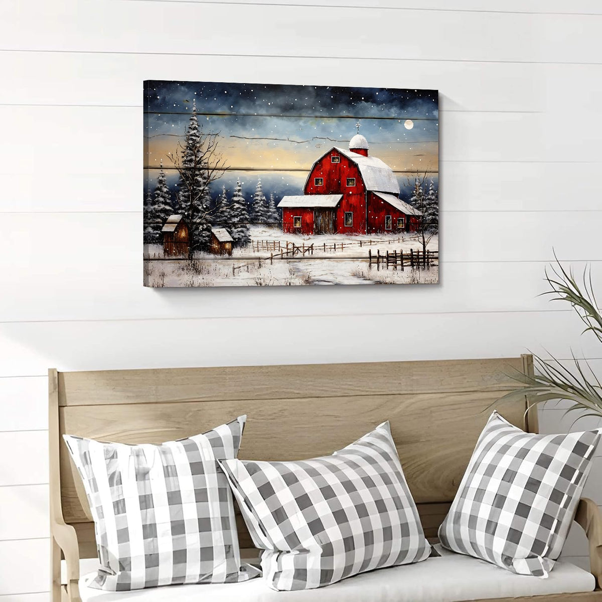 Red Barn Wall Art Snowy Winter Landscape Wall Art Christmas Home Decoration Rustic Farmhouse Prints Artwork Xmas Trees Painting Vintage Poster Artwork for Living Room Kitchen Ready To Hang 20x30” (30"L x 20"W / Christmas Barn)