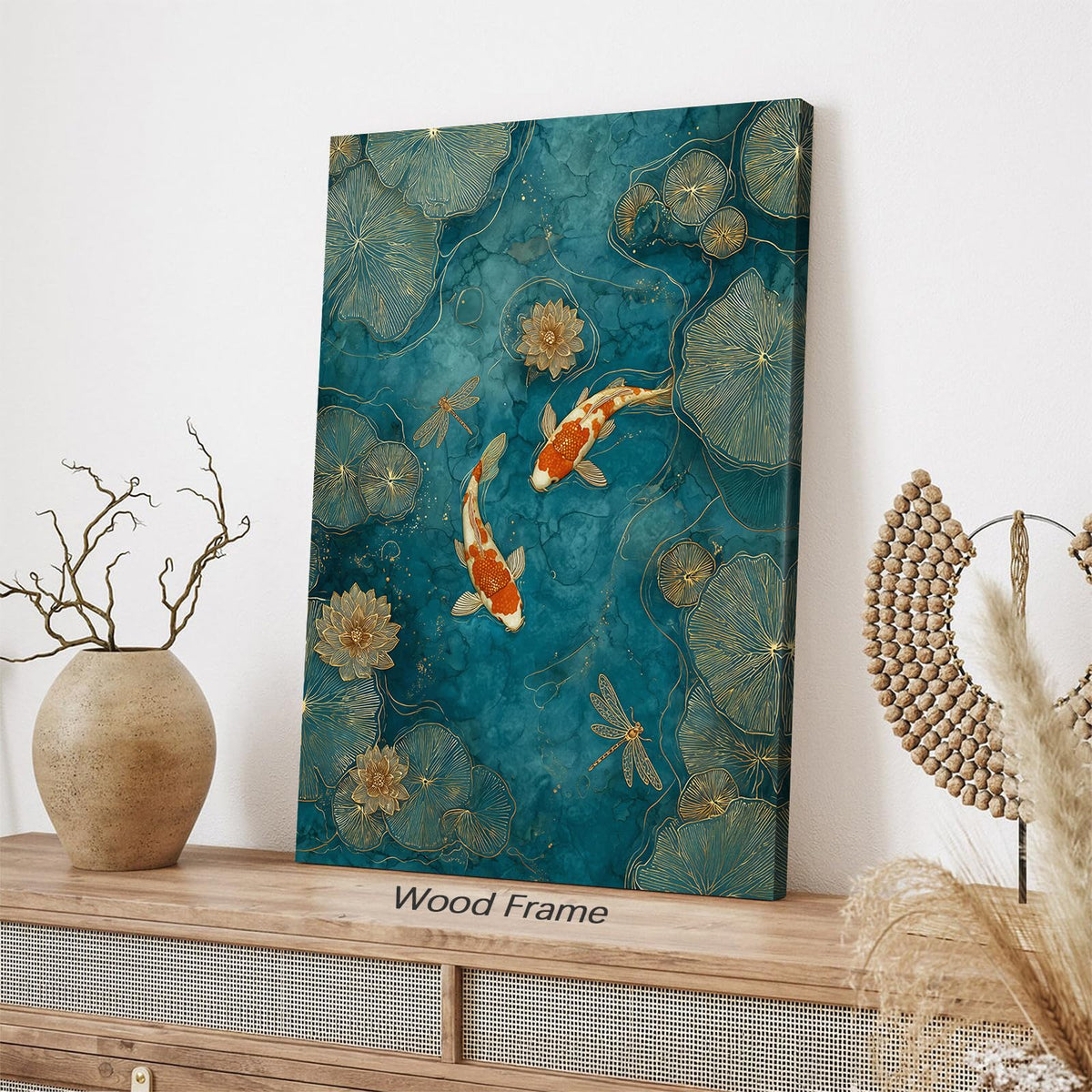 Japanese Koi Fish Zen Framed Canvas Wall Art Traditional Oriental Asian Prints 8x10 inch Elegant Emerald Green Pond Koi Fish Posters for Office Home Bedroom Meditation Yoga Spa Room Decor (Wrapped Canvas / Japanese Posters / 10"L x 8"W)