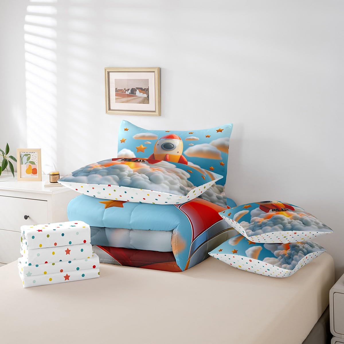Aircraft Comforter Set with Sheets King Size Kids Helicopter Flying Plane 7 Piece Bedding Set All Season Teens Travel Decor Bed in A Bag Breathable Soft Lightweight Room Decor (Orange Blue / King)