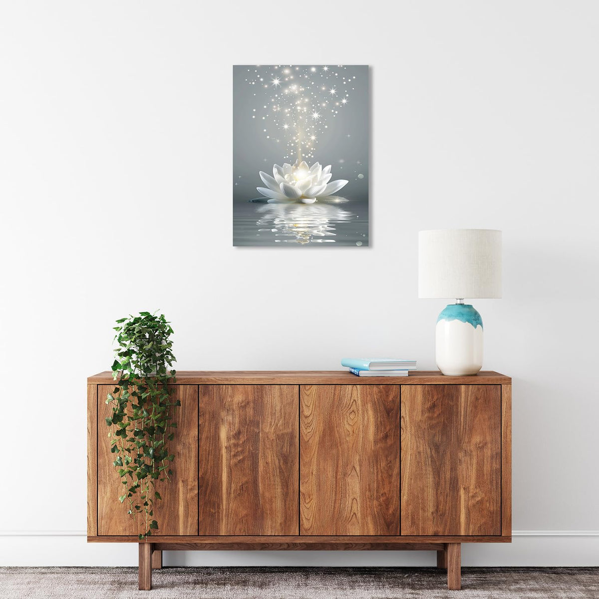 Framed White Lotus Flower Wall Art for Living Room (24"L x 16"W / Lotus03)