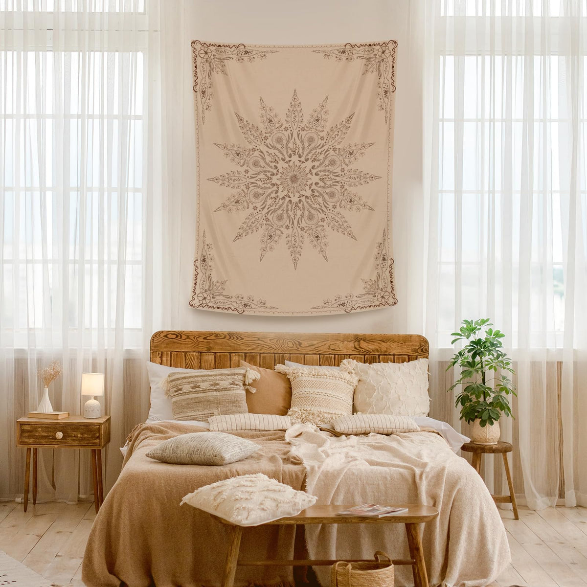 Floral Tapestry Wall Hanging Cute (59.1"L x 49.2"W / Flaxen)