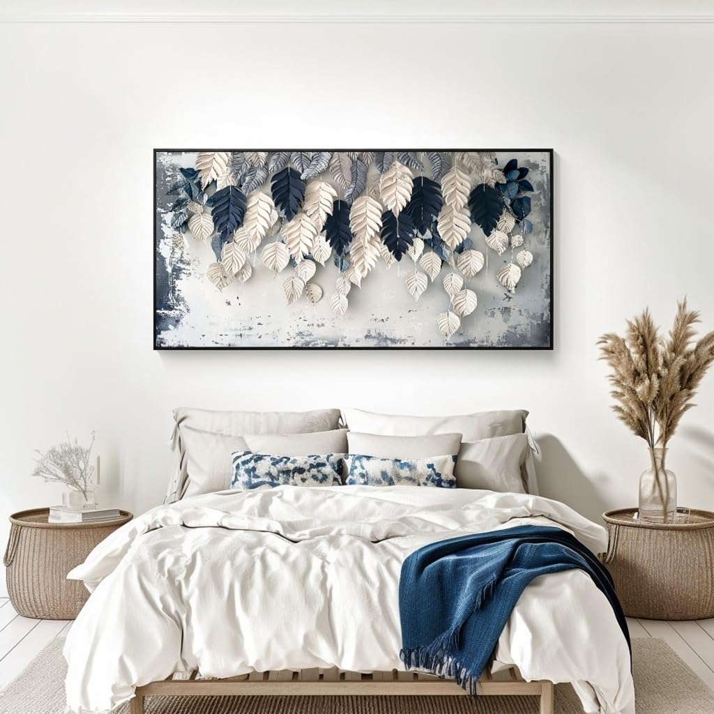 Botanical Leaf Wall Art White Blue Modern Framed Canvas Decor 20"x40" (40"L x 20"W / Leaf 01)