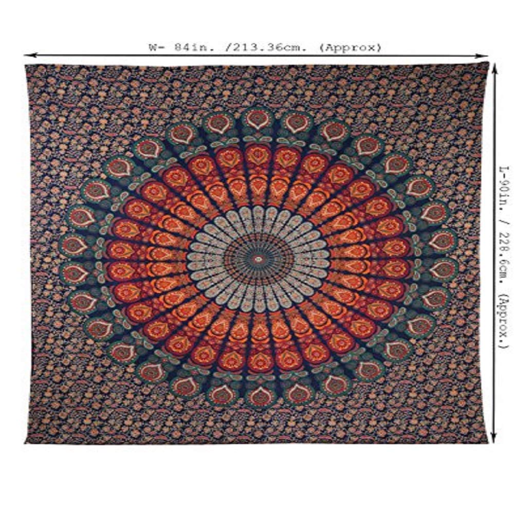 Peacock Mandala Tapestry Hippie Wall Hanging 90x84 inch Decorative Trippy Tapestries Boho Indian Handmade Cotton Bedspread (Golden Blue / 90"L x 84"W)