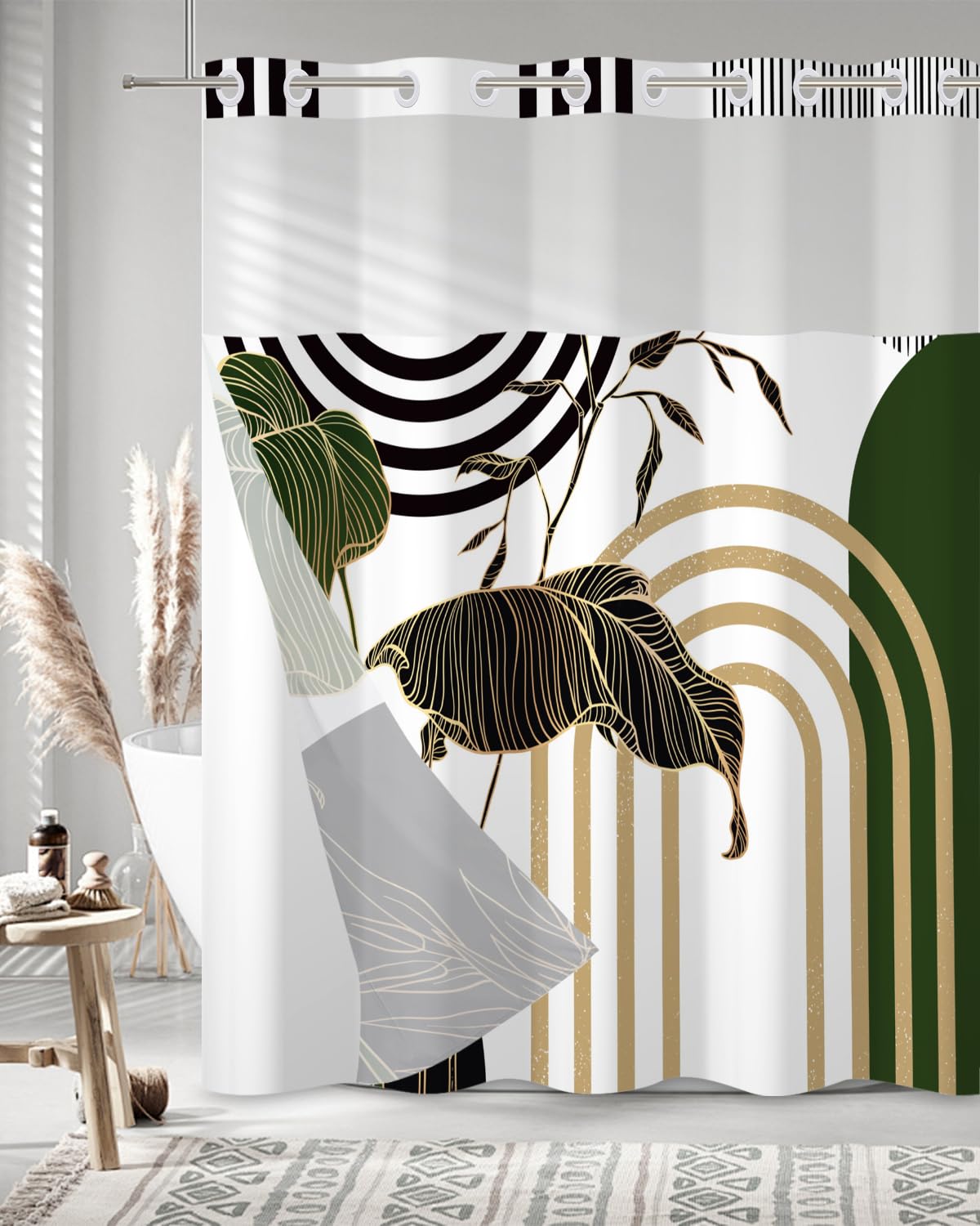 No Hook Boho Shower Curtain with Snap in Liner Set (Boho-2)