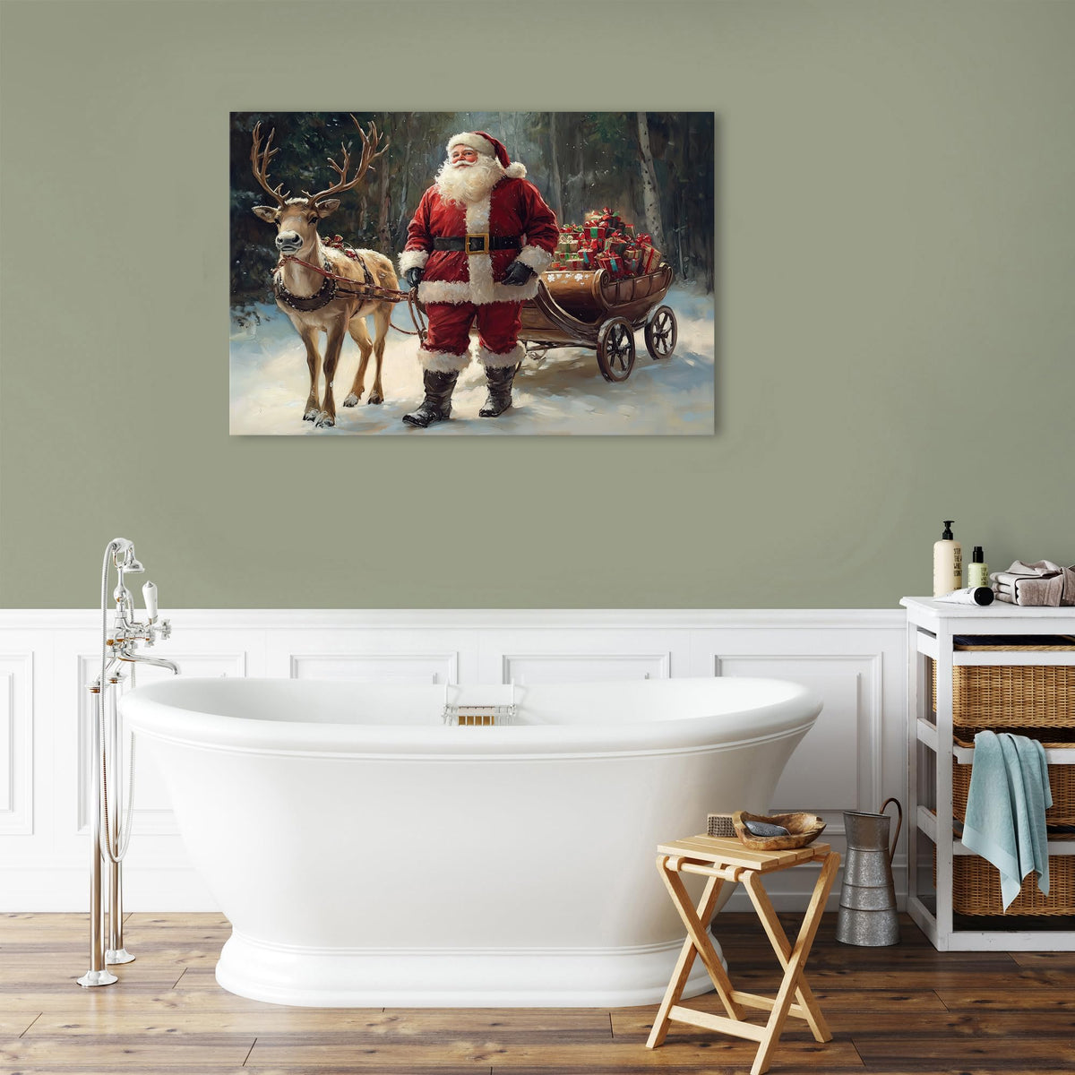 Christmas Poster Wall Art Living Room Bedroom Vintage Santa Claus and Deer Wall Decor Winter Forest Scenery Framed Canvas Snowy Holiday Artwork Print Reindeer Picture Dining Room Home Decoration 24x36 (36"L x 24"W / Santa Claus)