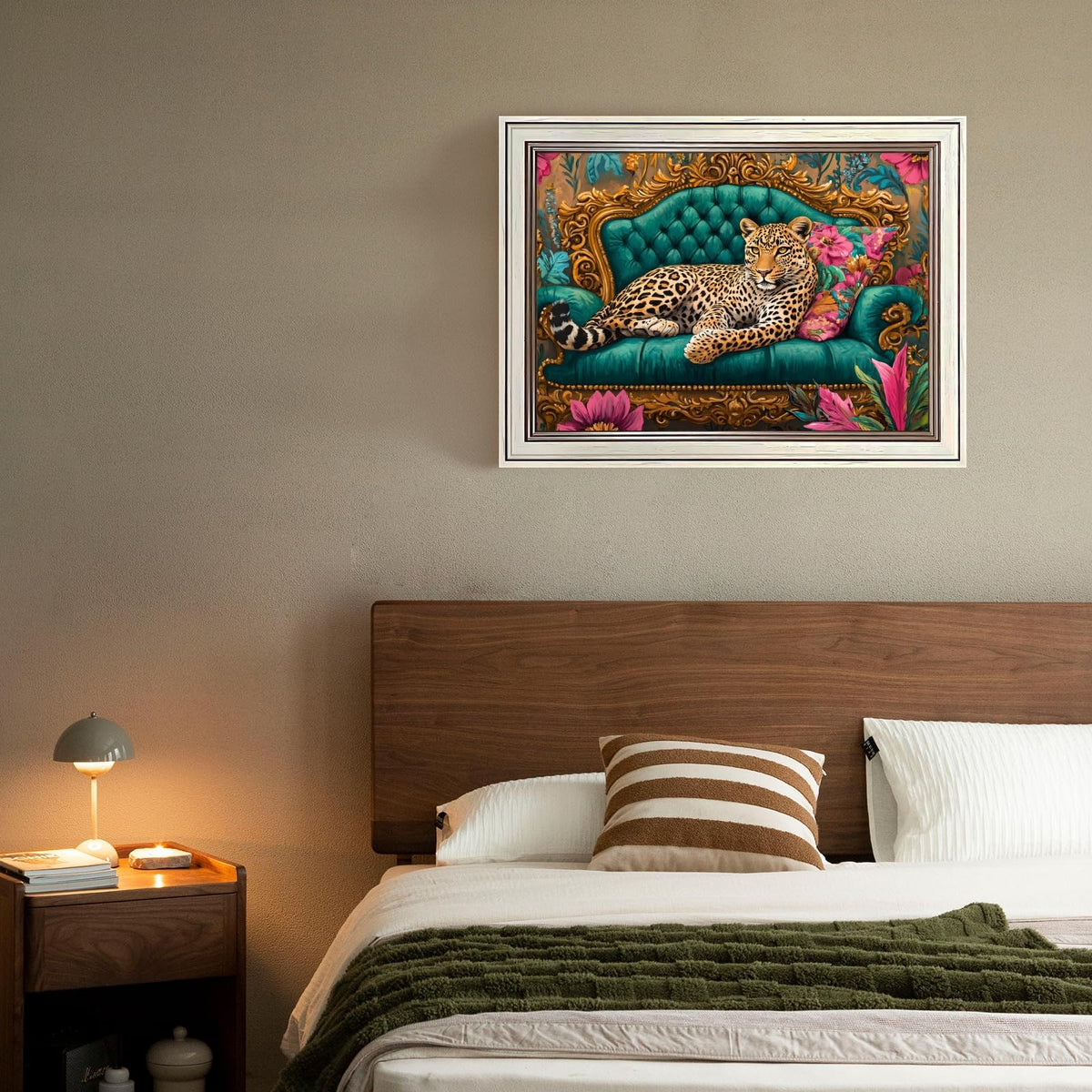 Framed Cheetah Lying on Ornate Sofa Wall Art Canvas Print Colorful Maximalist Leopard Painting Artwork Eclectic Boho Wild Animal Poster Jungle Picture Decor for Bedroom Living Room 12x16inch White (12"L x 16"W / Style-5 Retro White Frame)