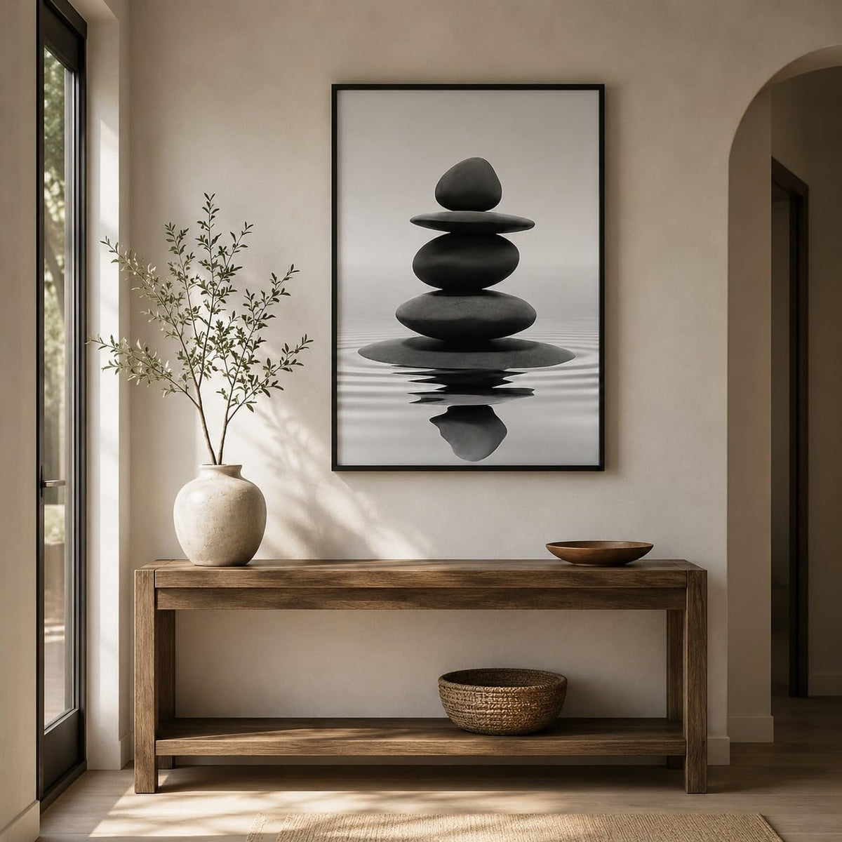 Framed Black and White Bathroom Wall Art Zen Stones in the water Bathroom Wall Art Yoga Meditation Picture Wall Decor Spa Room Bedroom Living Room Wall Painting Print (Framed Zen Stone / 36L" x 24W")