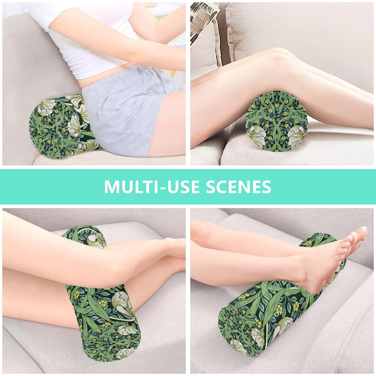 Neck Roll Pillow Bolster Pillow Round Health Memory Foam Long Cervical Roll Cylinder Bolster Body Pillow with Removable Washable Cover Bolster Pillow for Bed Legs Back Yoga Willam Morris Green (Flower 26)