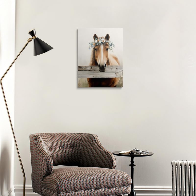 Farmhouse Horse Painting Canvas Wall Art Framed Print Rustic Animal Portrait with Floral Crown Pastel Colors Weathered Wood Fence Wall Decor Artwork for Bedroom Office Decor 16x24 Inches (horse / 24"L x 16"W)