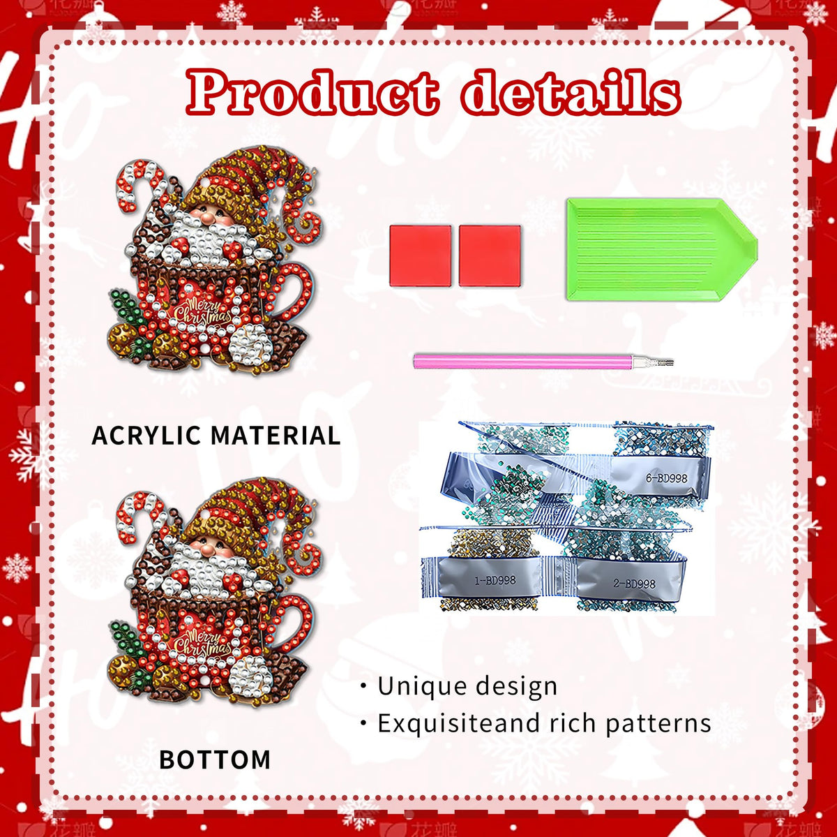 6 Pcs Diamond Art Christmas Ornaments Gnomes Diamonds Painting Kits (Gnome Coffee)
