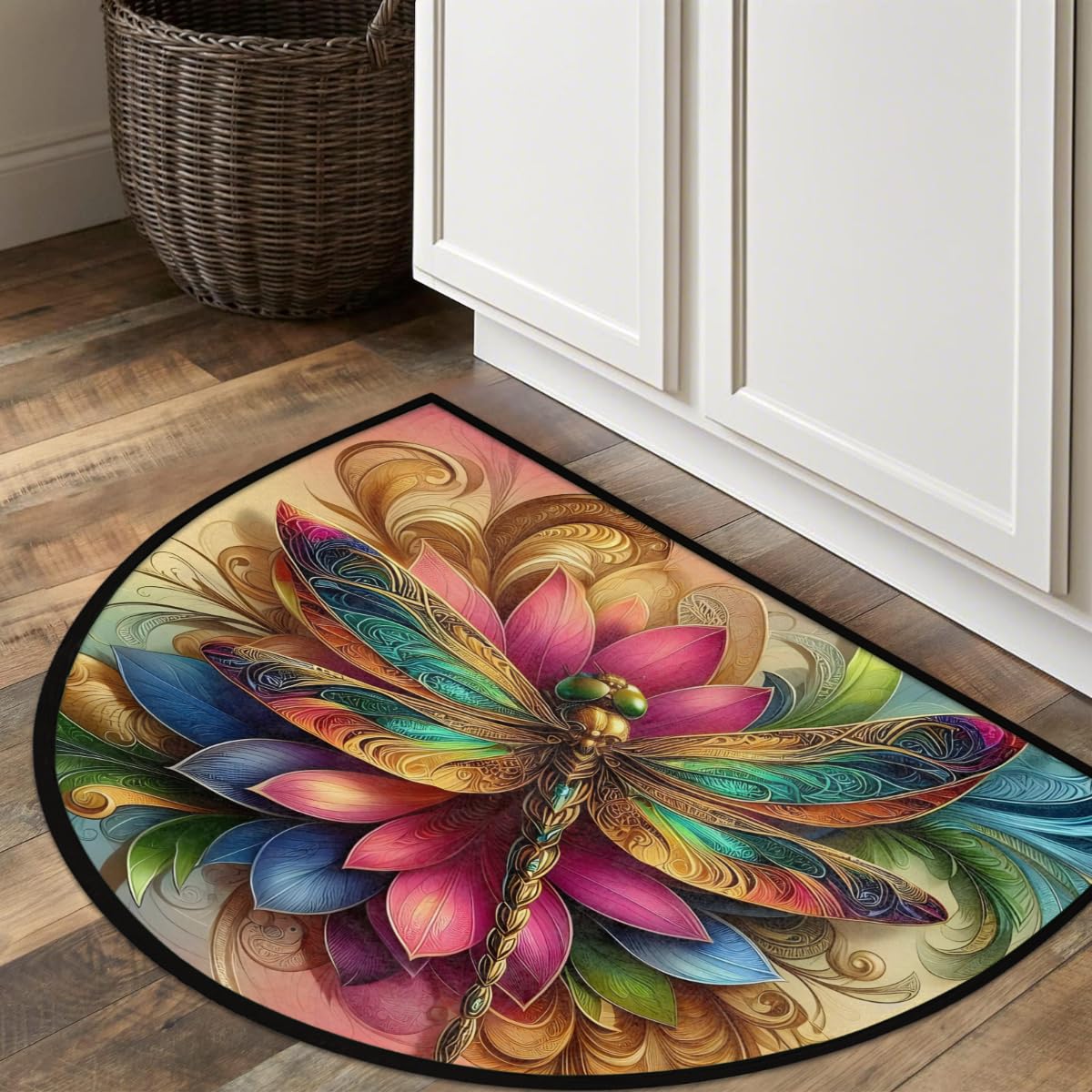 Half Round Doormat Dragonfly Flower Animal Semi Circle Rug Non Slip Indoor Outdoor Entrance Half Moon Rug Washable Front Floor Mat for Kitchen Bathroom Patio Fireplace Holiday Decor (B:dragonfly 03)