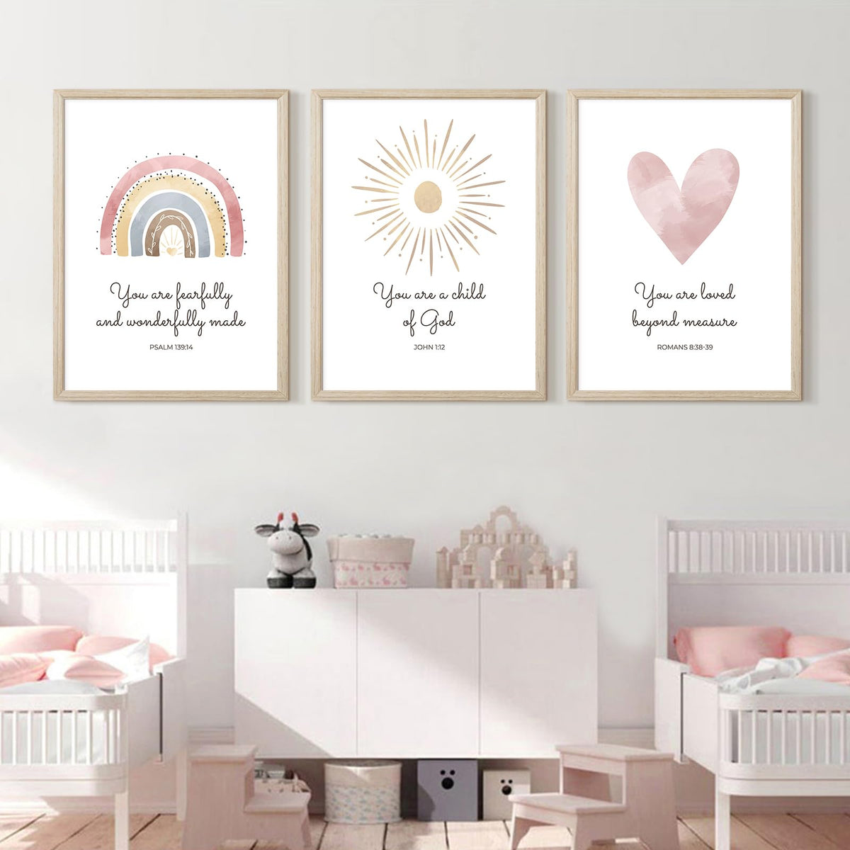 Boho Nursery Wall Art 3 Pieces Bible Verse Nursery Art Christian Girls Nursery Wall Art Heart Rainbow Sun Nursery Art Print Boho Sunshine Decor for Girl Baby Kid Room Decor 12x16 Inch Wood Framed (Boho Nursery Prints / 12x16 Inch Framed)