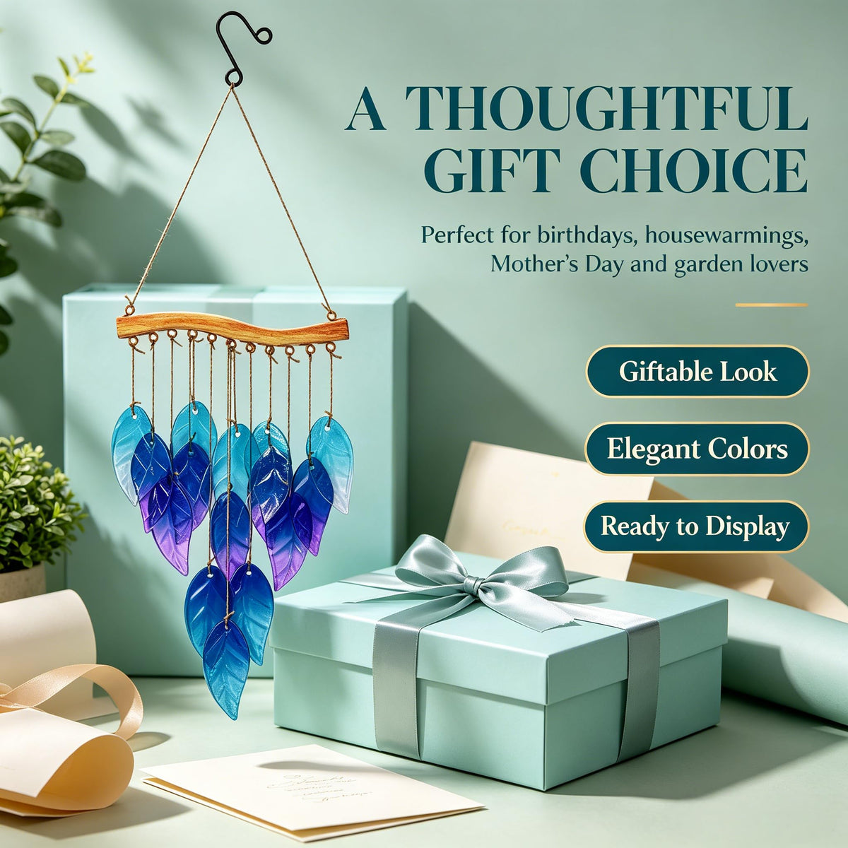 Wind Chimes Blue Glass Leaves