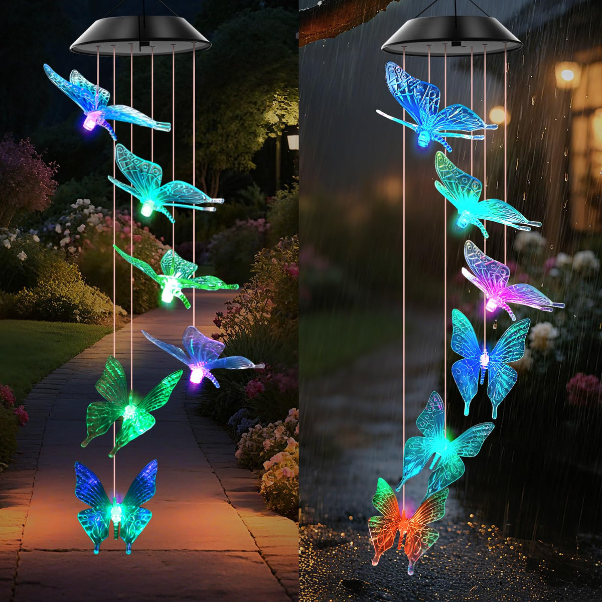 Solar Wind Chimes Blue Butterfly Garden Decor Color Changing Lights