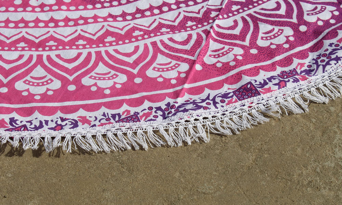 Round Beach Tapestry Turquoise Mandala Throw (3'6" (Round) / Pink and White)