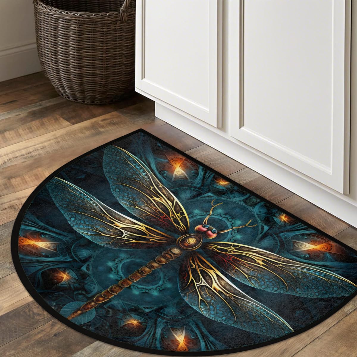 Half Round Doormat Dragonfly Animal Blue Semi Circle Rug Non Slip Indoor Outdoor Entrance Half Moon Rug Washable Front Floor Mat for Kitchen Bathroom Patio Fireplace Holiday Decor (Z:vintage Dragonfly)