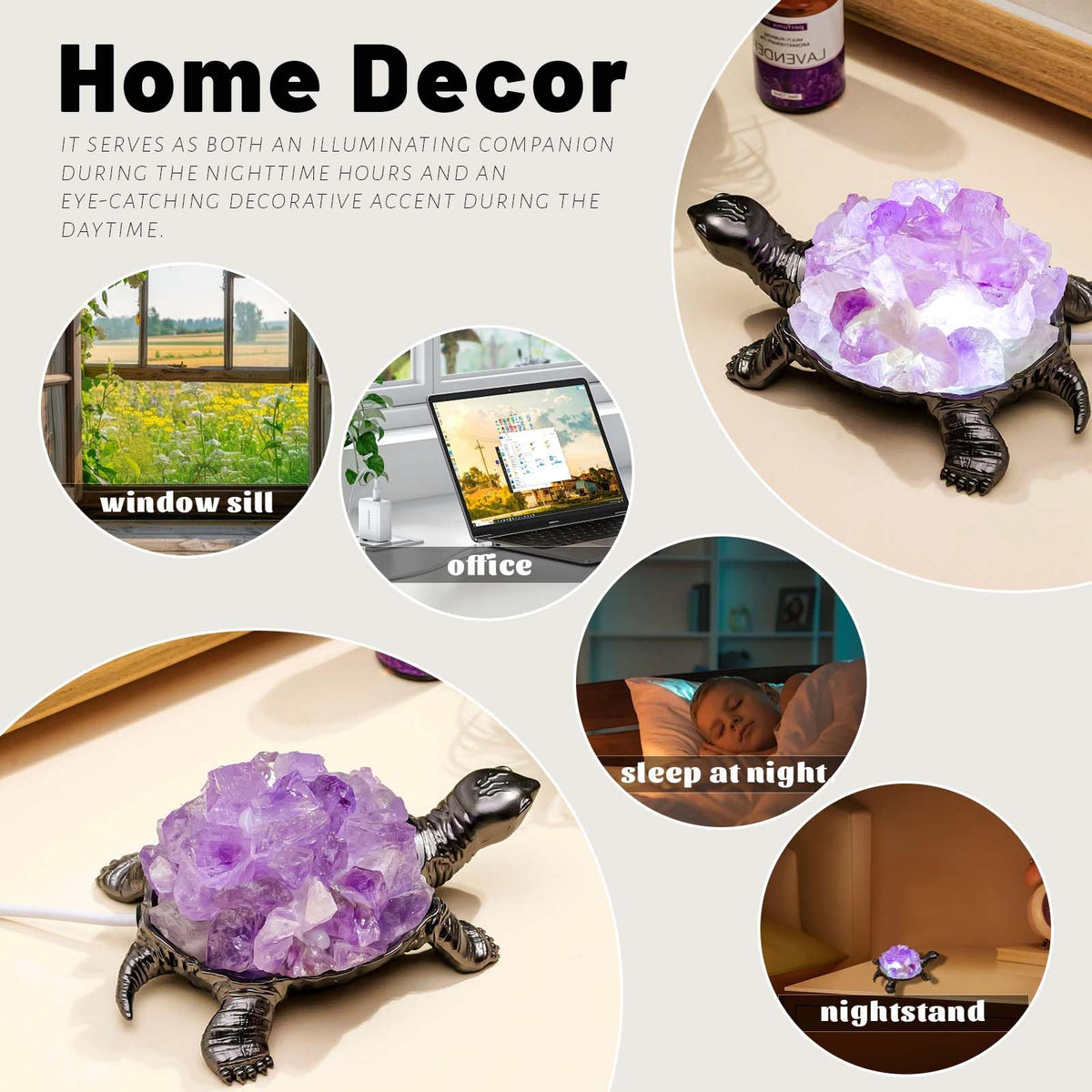 Natural Amethyst Turtle Night Lamp Healing Crystal Bedroom Bedside Table Lamp USB Port Home Decor Women Men Gift (Purple2)